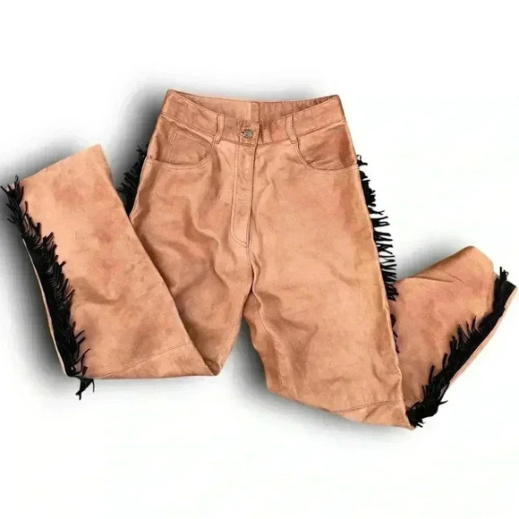 Vintage Western Brown Leather Pants Handmade Black Fringe 6P‎ Straight Leg Chic - Picture 1 of 15